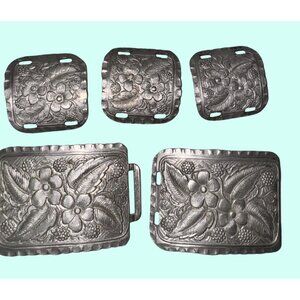 Stamped Metal Floral Belt Buckle Set 5 Pcs Decorative concho